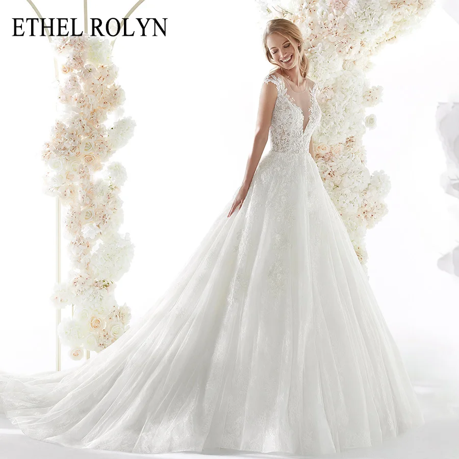 

ETHEL ROLYN Lace Princess Wedding Dress 2020 Romantic Appliques Bride Dress V-neck Illusion Back Wedding Gowns Vestido De Noiva