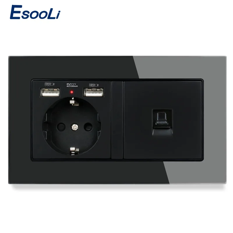 Роскошная стеклянная панель Esooli настенная розетка стандарта ЕС 2 USB порт для
