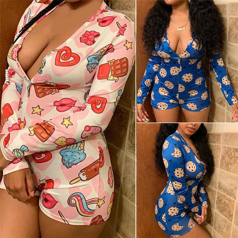 2019 Sexy Women Deep V-neck Bodycon Sleepwear Jumpsuit Button Bodysuit Shorts Romper Bodysuit Leotard Long Sleeve Print Bodysuit