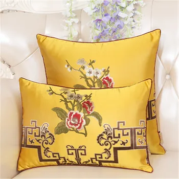 

Flower Embroidered New Chinese Style Cushion Cover Waist Pillowcase Pure Color Yellow Green Throw Pillow Cover Home Sofa Decor