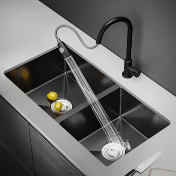 ขนาดใหญ่อ่างล้างจานสแตนเลสชามคู่ Undermount อ่างล้างหน้าสำหรับห้องครัวติดตั้งการปรับปรุงด้วยระบายน้ำอุปกรณ์เสริม 2