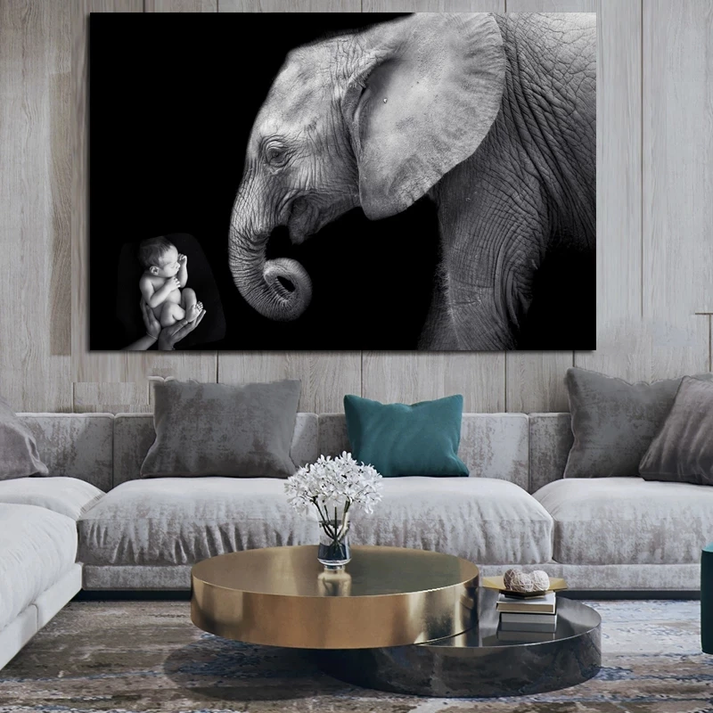 

Baby with Elephant Animal Oil Painting Poster Print Human and Nature Cuadros Wall Art for Living Room Home Decor