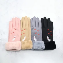 Winter outdoor riding party windproof cold warm gloves classic plus velvet suede love cat ladies gloves