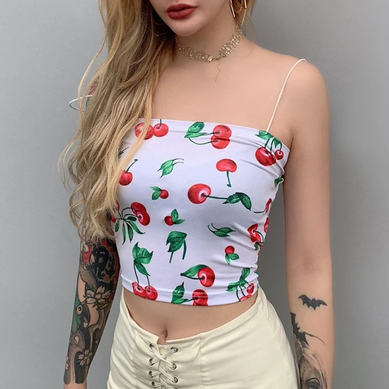 

2019 Sexy Strapless Cherry Print Tank Top Summer Short Tops Woman Slim Sleeveless Vest Female Crop Tank Top