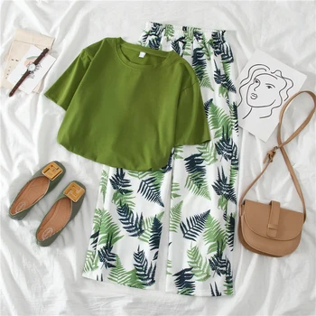 

Women 2 Piece Pant Sets 2020 Summer Solid O Neck Short Sleeve Tee Top+elastic Wide Leg Leaf Printed Long Pants Female Sets