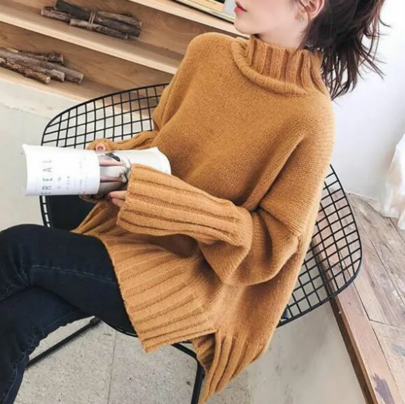 Women Casual Turtleneck Loose Pullover Sweater Korean Long Sleeve Knitted Oversized Jumper Autumn Winter Thick Tops Q9030 | Женская
