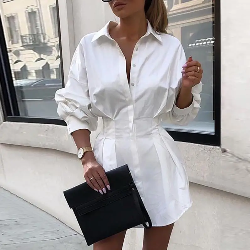  2019 Office Lady Turn-Down Collar Blouse Shirt Dress Women Autumn Long Sleeve Print Mini Dress Eleg