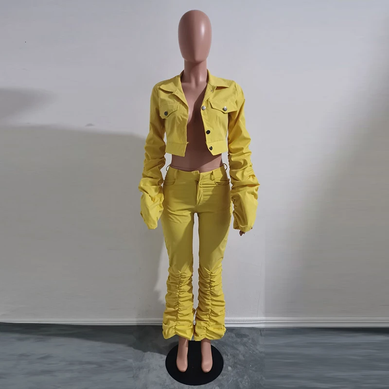 Плиссированные сексуальные комплекты из 2 предметов, женские спортивные костюмы с отложным воротником и длинным рукавом на пуговицах, топы и штаны, подходящие комплекты, Клубные наряды - Цвет: Yellow