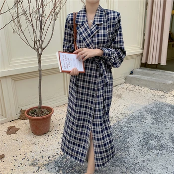 

Women Plaid Dresses Suit French OL Long dress Elegant Vintage Loose dresses A-line