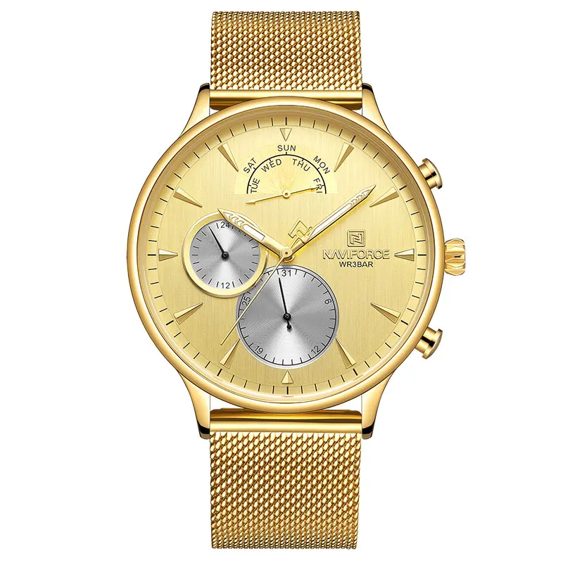 NAVIFORCE мужские часы Топ бренд мода Бизнес Мужские часы из нержавеющей стали сетка мужские часы водонепроницаемые Кварцевые Relogio Masculino - Цвет: Gold