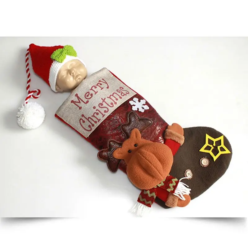 Милый Рождественский стиль для малышей ручной работы крючком шапочка+ спальный мешок комплект костюм для новорожденных(От 0 до 1 месяца