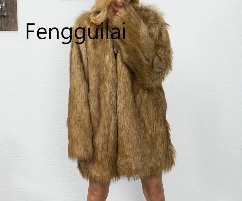 Women Brown Faux Fur Coat Winter Thicken Warm Woman Fur Jackets Long Style V Neck Casual Outwear Shaggy Overcoat Streetwear Women Brown Faux Fur Coat Winter Thicken Warm Woman Fur Jackets Long Style V Neck Casual Outwear Shaggy Overcoat Streetwear