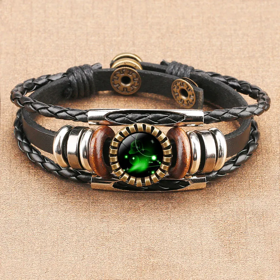 12 Constellation Zodiac Sign Black Braided Leather Bracelet Cancer Leo Virgo Libra Woven Glass Dome Jewelry Punk Men Bracelet