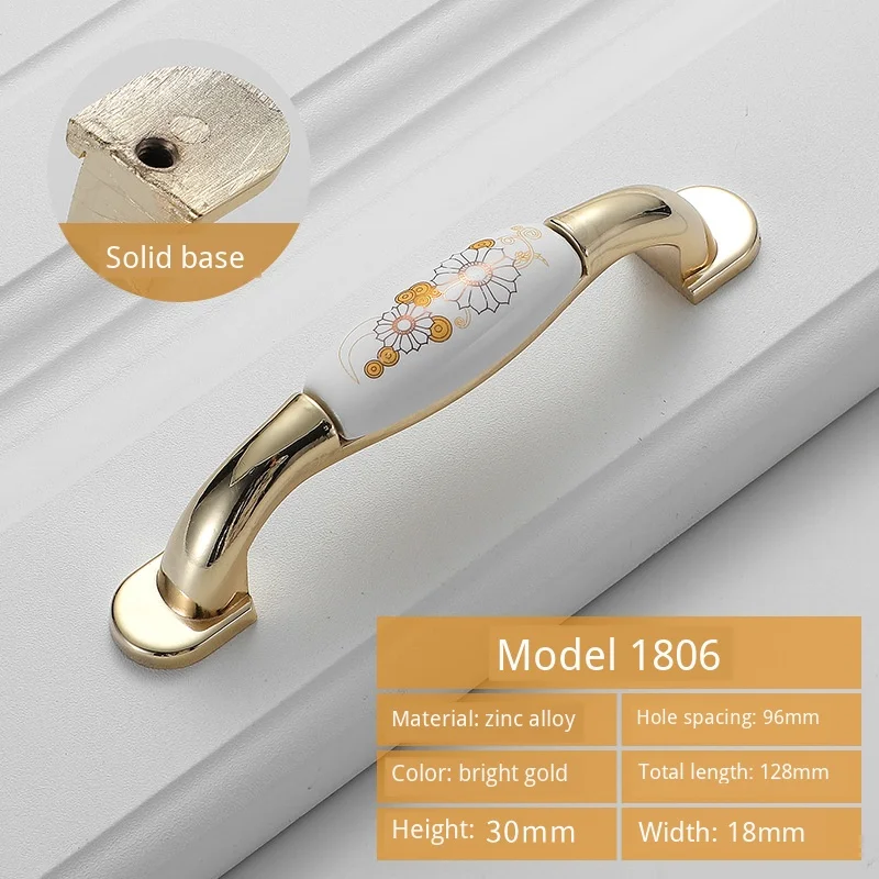 JD European Cabinet Wardrobe Door Single Hole Handle Gold Ceramic Handle Modern American Flower Pattern Drawer Furniture Handle - Цвет: 1806-C.C96mm