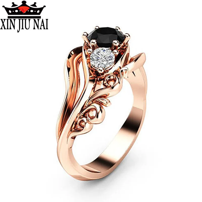 1PC Engagement Wedding Zircon Inlaid With Hollow Flower Bride Black Rhinestone Rose Gold Ring Valentines Gift Size 6 7 8 9 10 | Украшения и