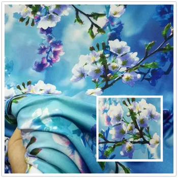 

Color Blue Plum Blossom Printing Milk Silk Cloth Fabric For Sewing Dance Dress 2020 High quality Flower Cloth Fabric By Meter