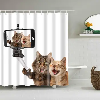 

Waterproof Thicken White Shower Curtain Selfie of Lovely cat Mildew Proof Bath Tub Shower Curtain with 12 pcs Hooks