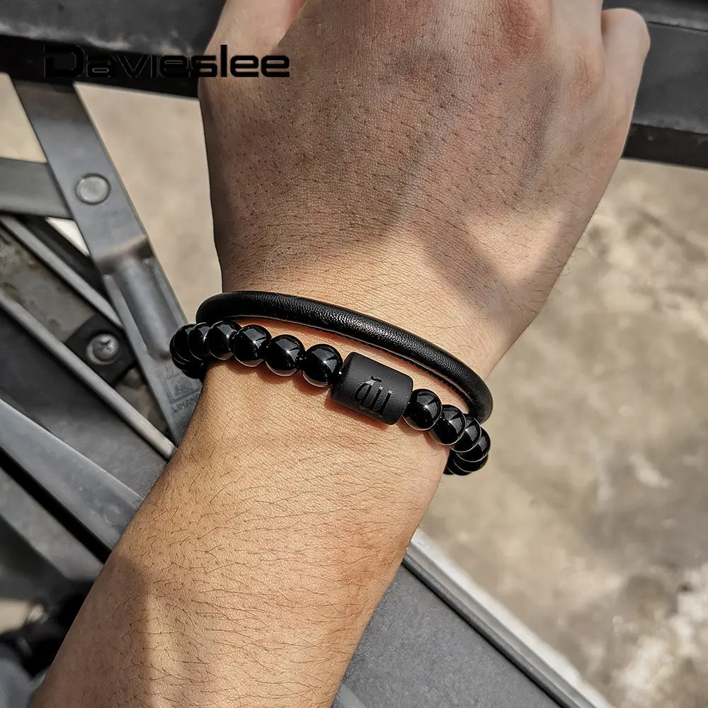 Pulsera de cuentas cristal negro de 8mm para hombre, cuero hecho a mano, colgante de constelación del signo del hebilla magnética de 8,5 pulgadas, LDLB191|Pulseras de amuleto| - AliExpress