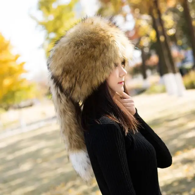 Qearlstar Faux Raccoon Fur Hat Women 
