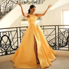 

Xijun High Side Split Satin Yellow Evening Dresses Simple A-LINE Sleeveless Long Prom Gowns Dubai Women Formal Party Dress