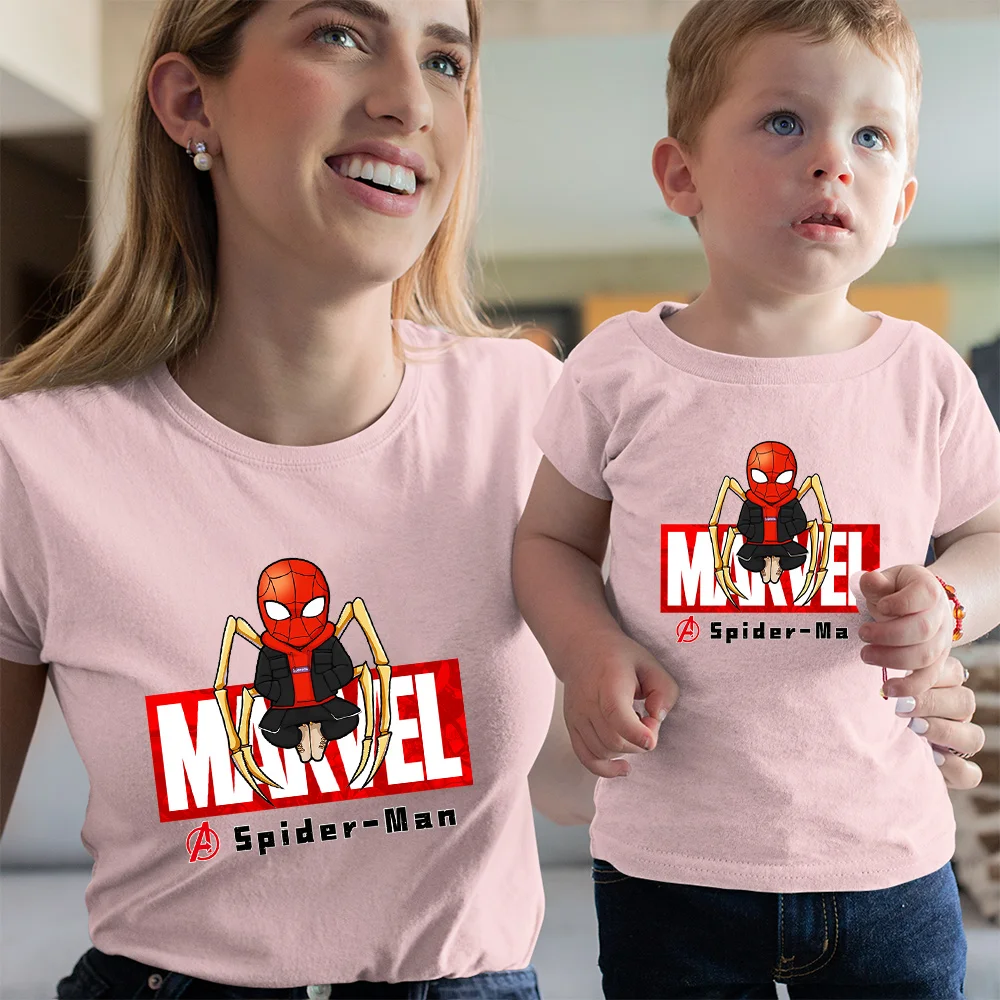 Kawaii Toddler Girl Clothes Funny Cartoon Spider Man Summer Casual O-neck Kid Woman Tshirt Coming Home Outfit Family Look plus size matching family outfits