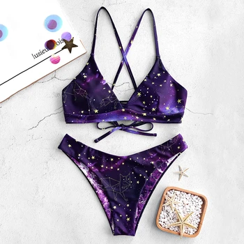 

Women Bikini Galaxy Print Lace-Up Reversible Bikini Set Spaghetti Straps Criss-Cross Swim Suit Wire Free Padded Swimwear