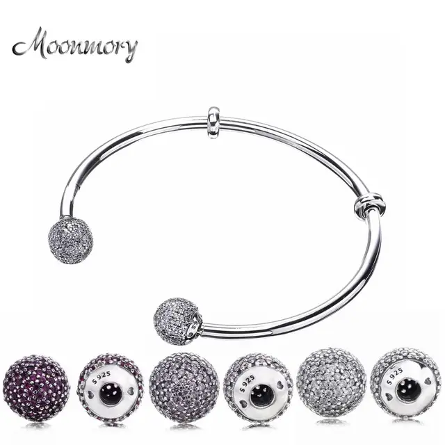 Moonmory Moments Silver Open Bangle with Pave Caps S925 Sterling Silver bead Bracelet with Red Zircon Diy Charm Bangle Jewelry 1