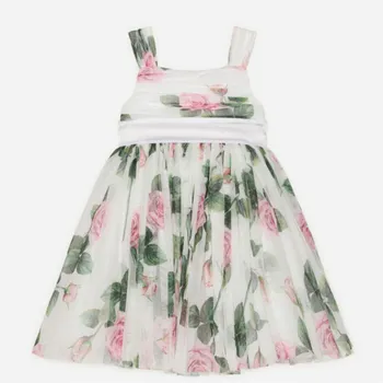 

2020 Summer Pink Rose Pattern Printed Baby Girls White Dress Party Boutique Flower Dress for Girl KIds Rose Dress
