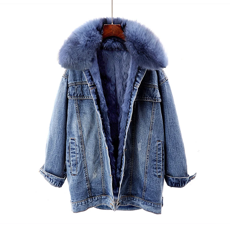 remarkable  Winter Warm fur Coat Natural Fur Collar + Real Rabbit Hair Liner Denim fur Jacket Female retro fur 