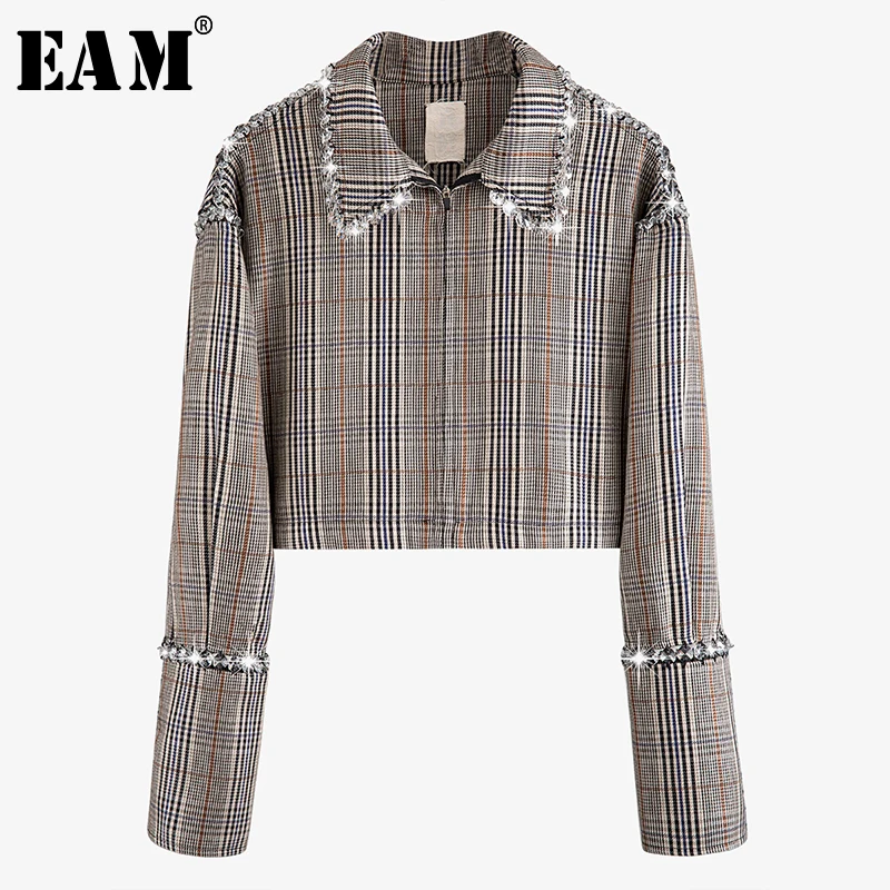 

[EAM] Women Plaid Rhinestone Split Short Blouse New Lapel Long Sleeve Loose Fit Shirt Fashion Tide Spring Autumn 2020 1N061