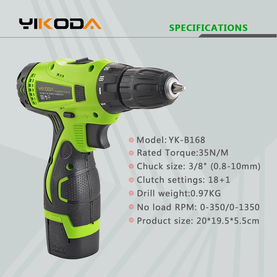 YIKODA 16 8 V беспроводная дрель Двойная Скорость литиевая батарея Бытовая
