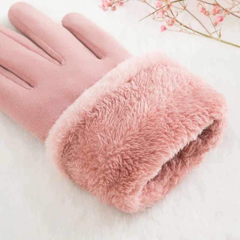New Winter Female Lace Warm Cashmere Three Ribs Cute Mittens Double Thick Plush Wrist Women Touch Screen Driving Gloves