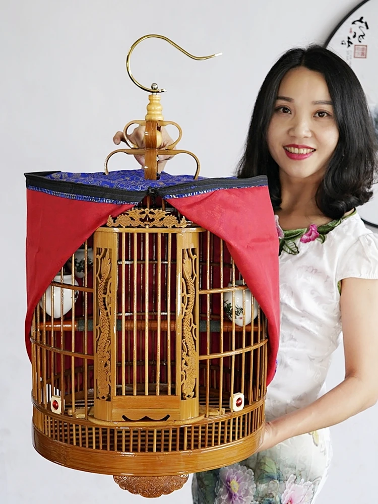 

Free shipping Hand-made bamboo thrush cage myna bird cage boutique large set of old bamboo two-door carving longyi long cage