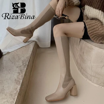 

RIZABINA Women High Heel Boots Stange Heel Real Leather Women Knee High Boots Fashion Winter Shoes Woman Footwear Size 33-40