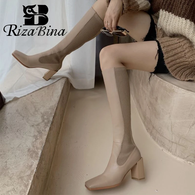 RIZABINA/женские сапоги на высоком каблуке Женские до колена из натуральной кожи