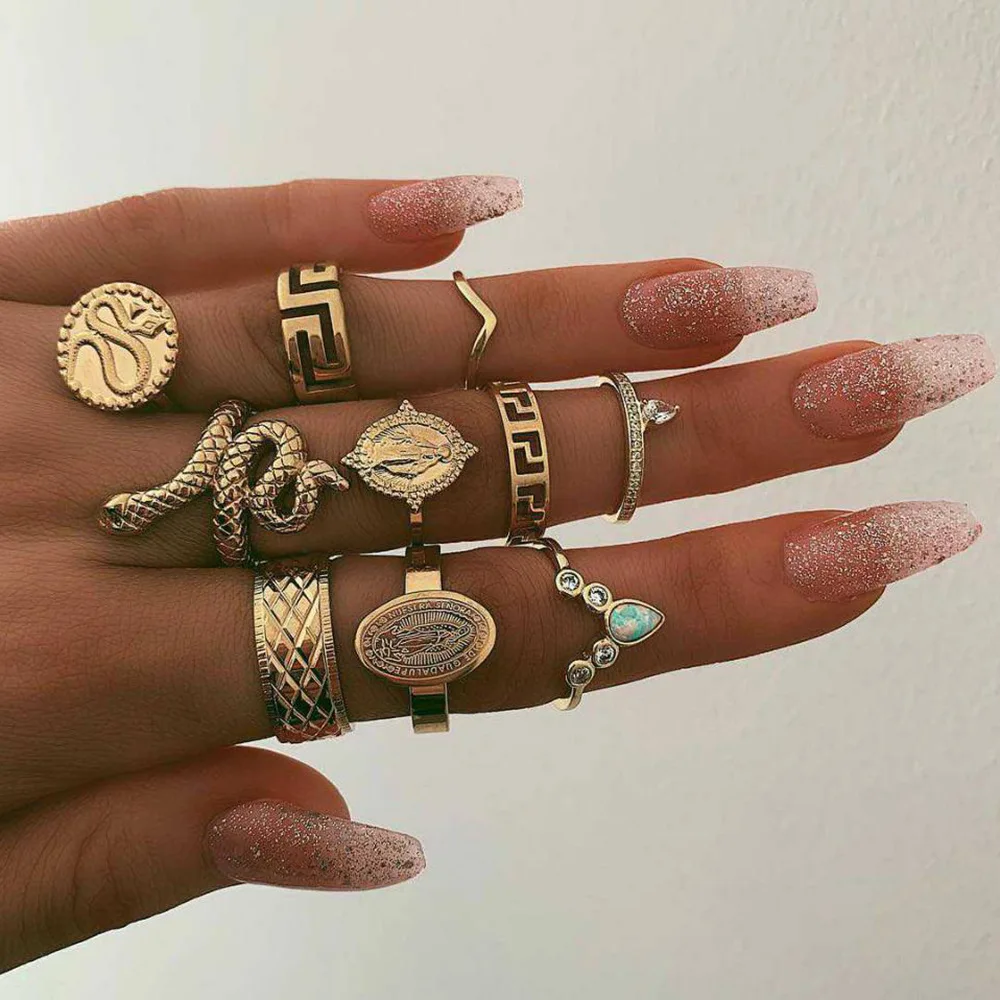 Новое модное винтажное Золотое кольцо в форме животных, гипербола, 10 шт./компл., для женщин, вечерние кольца в Подарок на годовщину, ювелирные изделия