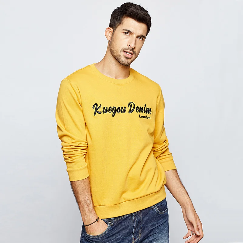KUEGOU осень хлопок вышивка синий свитер Мужская мода Японская уличная одежда хип-хоп Мужская брендовая одежда Топ 2240 - Цвет: Yellow