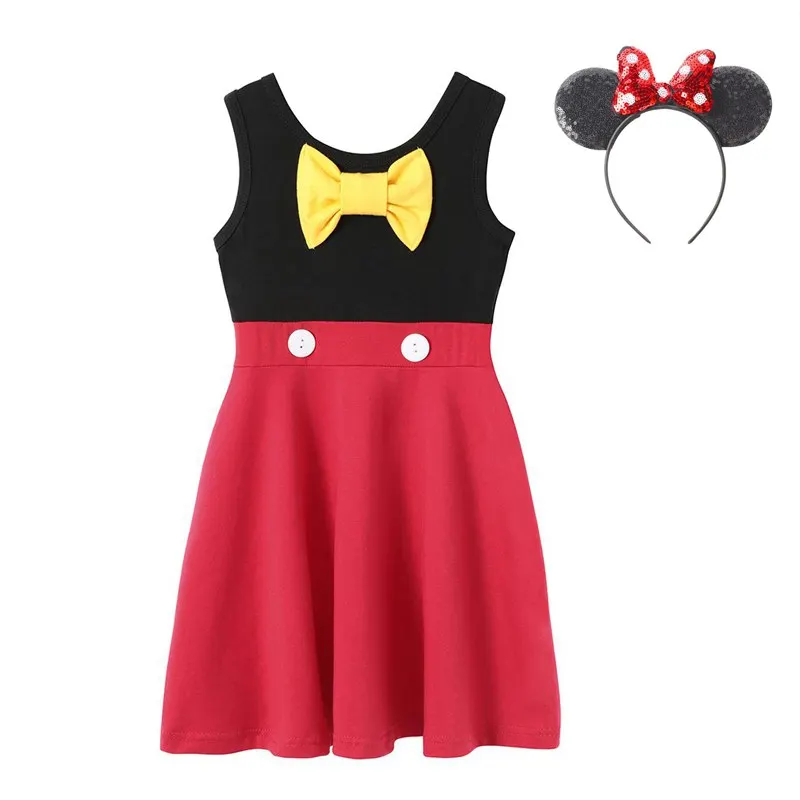 Mickey Set VOGUEON девочек Микки и Минни Маус Повседневное платье из хлопка с головной повязкой, летнее платье на день рождения летнее платье Рапунцель, Белль Золушка, Ариель платье принцессы - Цвет: Mickey Set