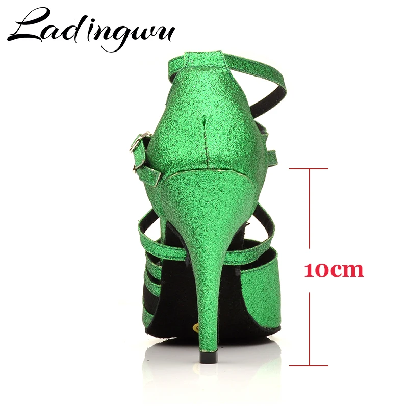 Ladingwu Latin Dance Shoes Women Profession Salsa Dance Shoes Ladys Ballroom Soft Bottom Green Flash Cloth