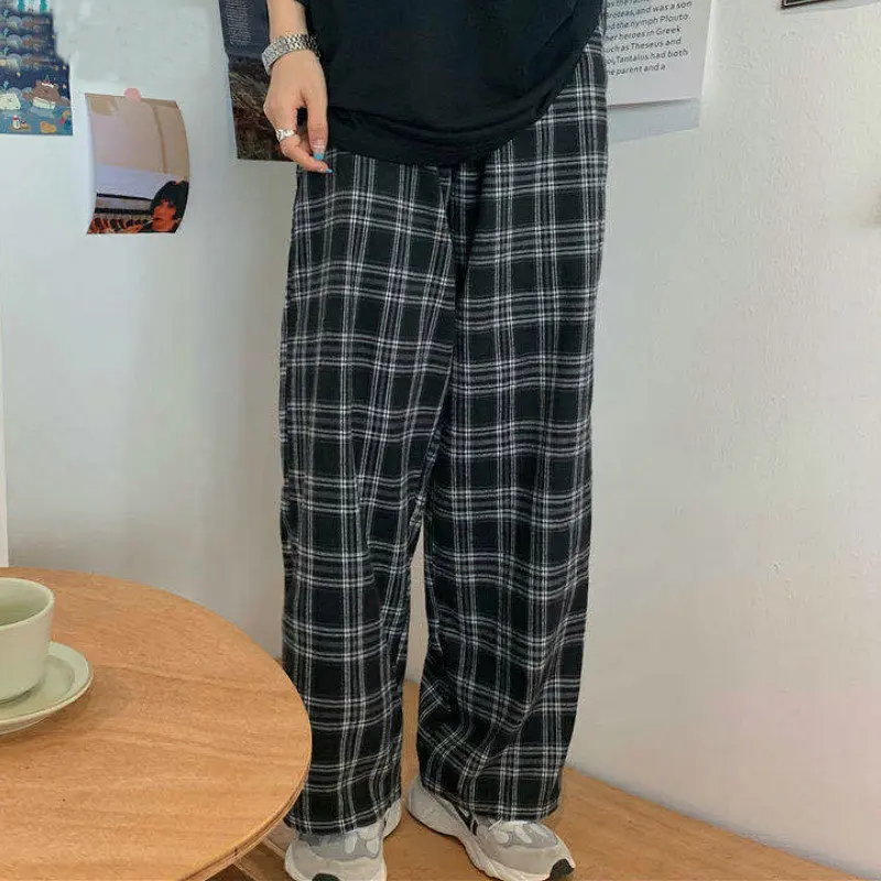 

Pants Women New Fashion Plus Size 2XL Black Plaid Harajuku Students Streetwear Full Length Wide Leg Trousers Womens