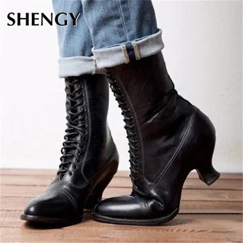 

2019 Autumn Women boots Retro woemn Shoes female Booties Plus Size Shoes pointed toe Leather Shoes Heel Mid Calf Boots