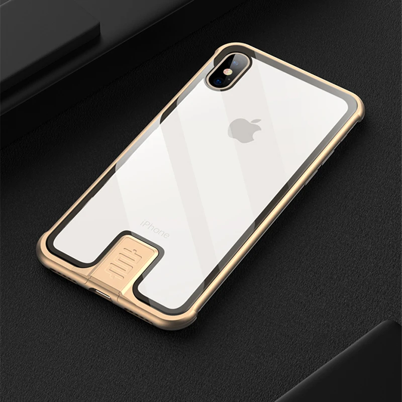 Чехол для iPhone Xs Max XR X с толкающей металлической рамкой, чехол для телефона для iPhone 7 8 Plus iPhone 8, прозрачная задняя крышка из закаленного стекла - Цвет: Золотой