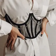 2021 Lace Up Belts For Women Mesh Metal Chain Straps Wide Belt Female Crop Top Sexy Bandage Club Short Wrap Breasted Corset