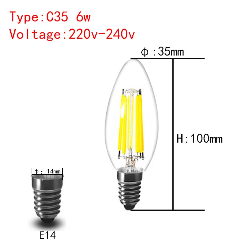 Светодиодный светильник лампочка e14 C35 типа «Свеча»), 2 Вт, 4 Вт, 6 Вт лампочка-свечка с регулируемой яркостью умный дом декоративная люстра 220v Светодиодная лампа - Испускаемый цвет: 6W