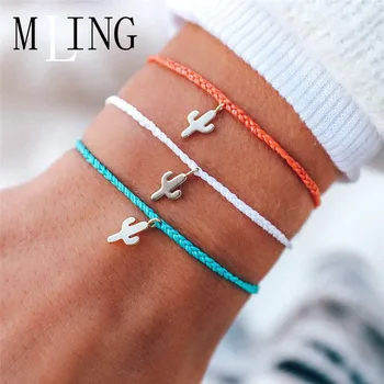 

MLING 3 Pcs/Set Vintage Multi-color Adjustable Handmade Weave Bracelet Set Bohemian Geometric Cactus Bracelet for Women
