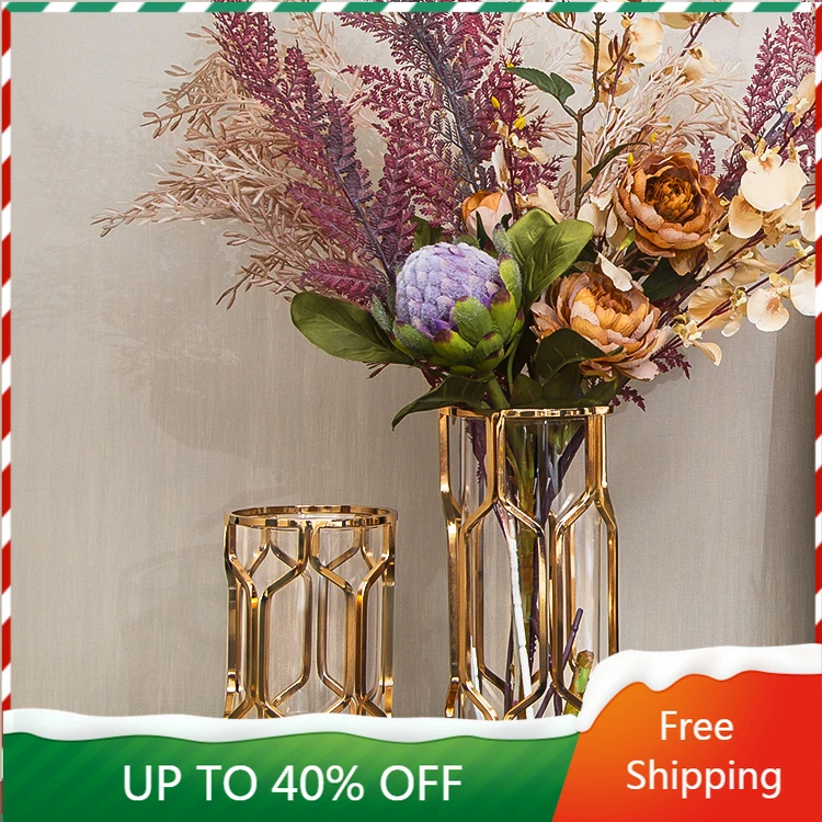 

European Style Simple Gold Flower Vase Glass Table Decoration Living Room Terranium Vases Modern Floreros Terrarium Glass AA50HP