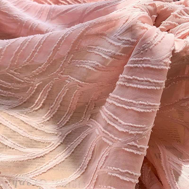 

Pink Jacquard Chiffon Fabric Leaf Striped Pattern for Women Dress, Shirts,By The Meter