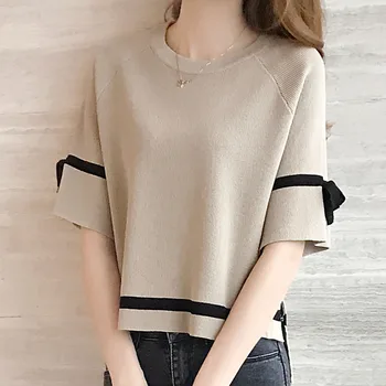 

Women Knitwear T Shirt Casual Black White Cute Bow Tie Knitted Short Sleeve Sweater Tops Female Fall Clothes Office Lady Tshirts