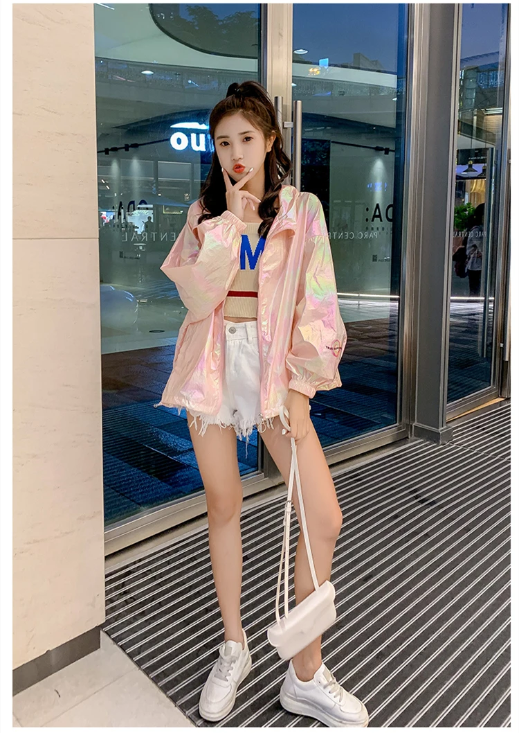 YUANYUANJYCO summer thin woman jacket reflective colorful with a zipper long sleeve fashion white pink jackets for women coats