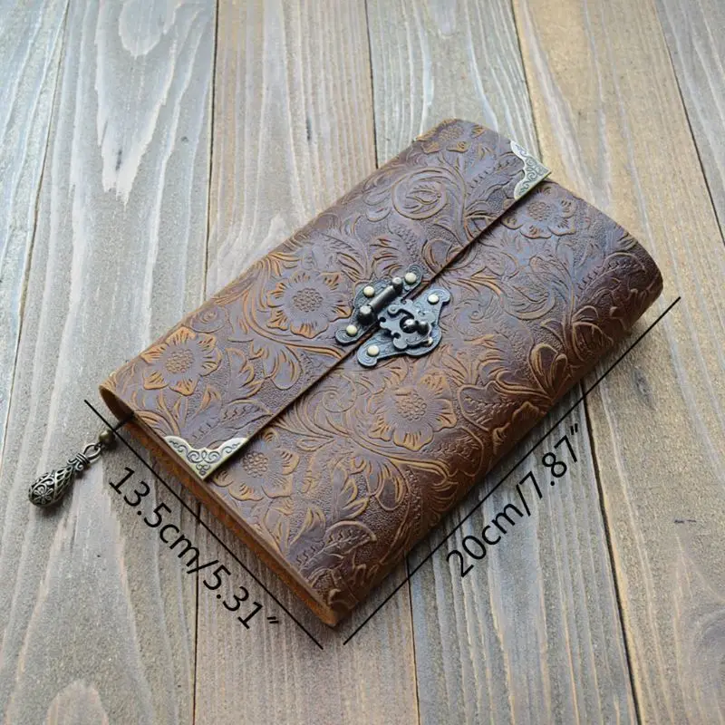 

Embossed Pattern Soft Leather Travel Notebook with lock Key Diary Notepad Kraft
